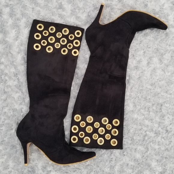 Vegan suede black boots with gold-ring hardware. - Picture 2 of 6